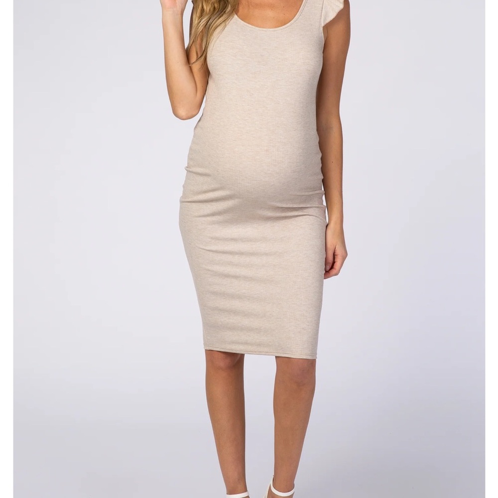 Beige flounce sleeve ribbed Maternity Dress